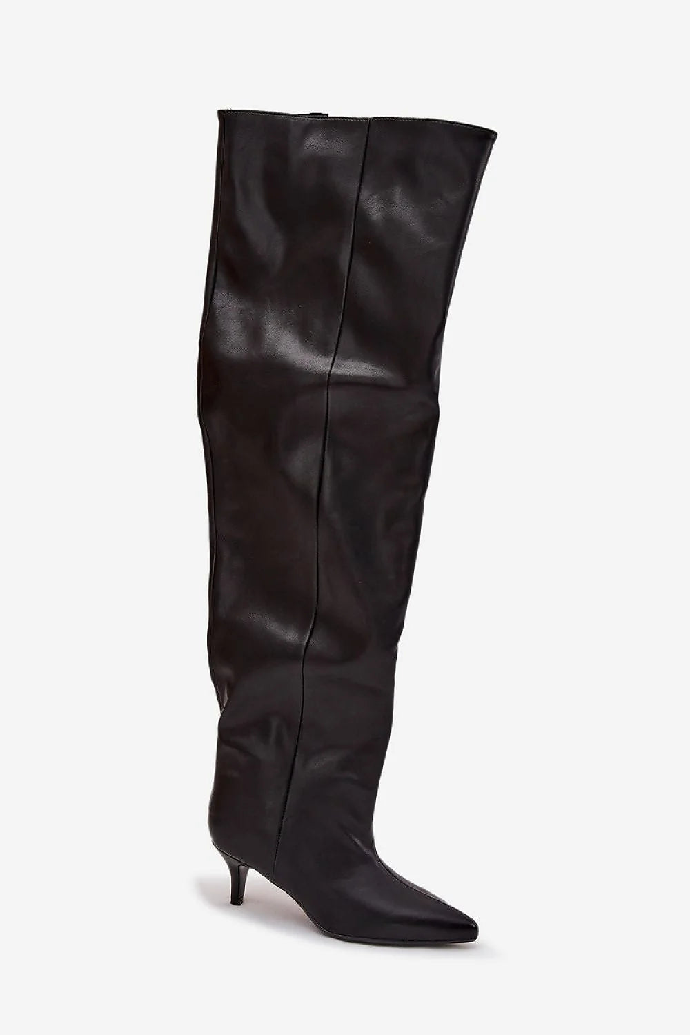cuissardes femme cuir synthétique noir effet lisse tige haute plissée slouchy coutures verticales bout pointu talon kitten bas