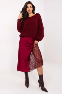 jupe sirène midi satinée bordeaux dentelle latérale fente taille élastique sans fermeture stretch polyester viscose élasthanne