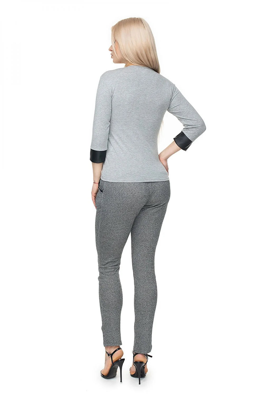 Chemisier Pee Ka Boo en coton élasthanne manches 3/4 cuir écologique poignets contrastants couleur rouge vif style élégant féminin femme mode