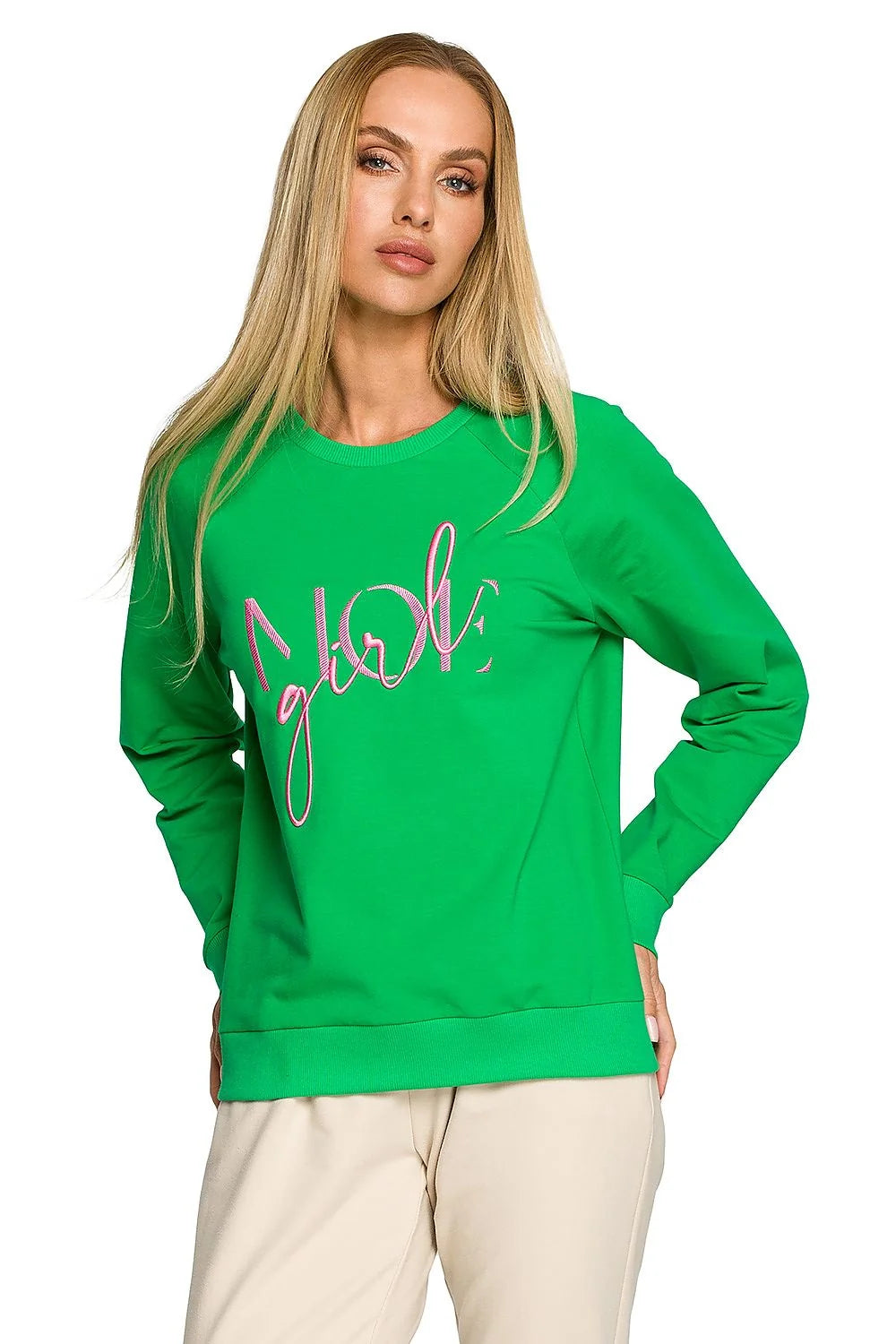 Sweatshirt pour femme moderne style casual couleur verte vif manches longues broderie Girl coton élasthanne ajustement confortable