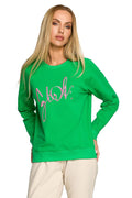 Sweatshirt pour femme moderne style casual couleur verte vif manches longues broderie Girl coton élasthanne ajustement confortable