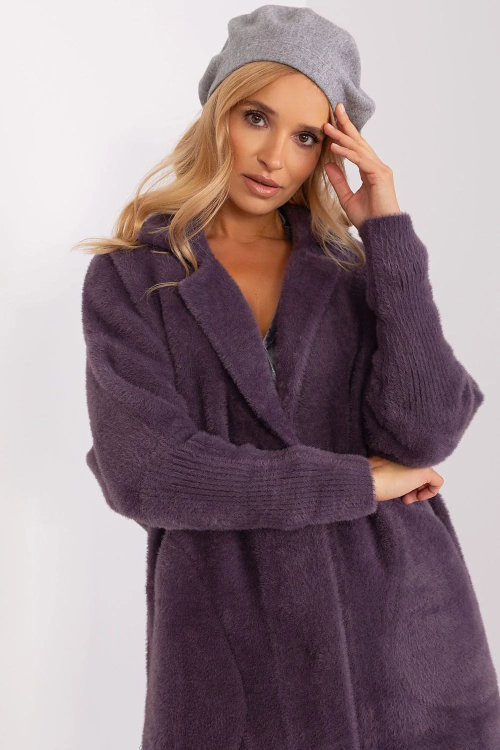 Manteau et béret femme en acrylique, coton et cachemire, style élégant, coupe ample, automne/hiver