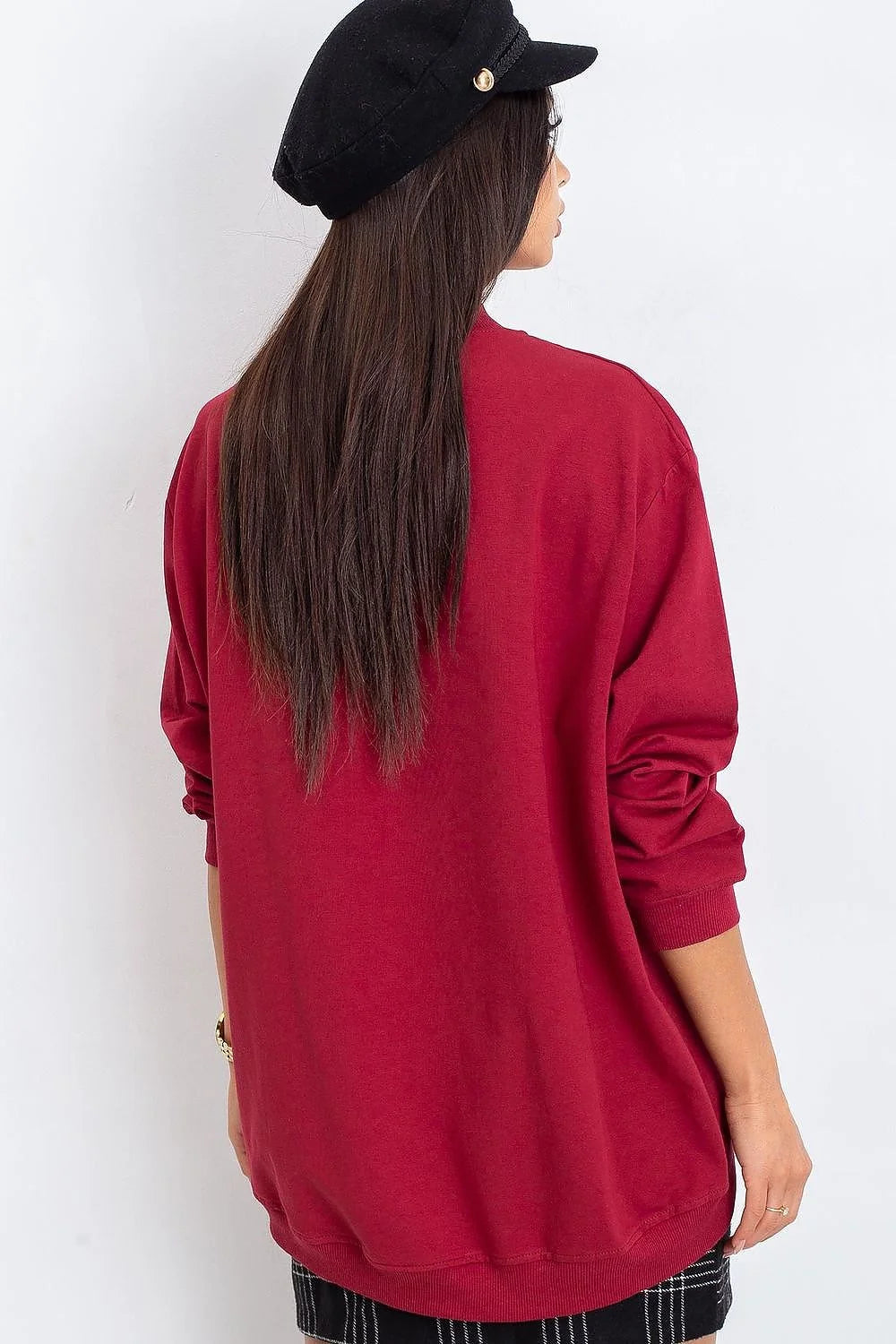 Sweatshirt BFG pour femme en coton 90% élasthanne 10%, style casual oversize, couleur bleu vif, manches longues, col rond côtelé, idéal pour tenues urbaines et décontractées