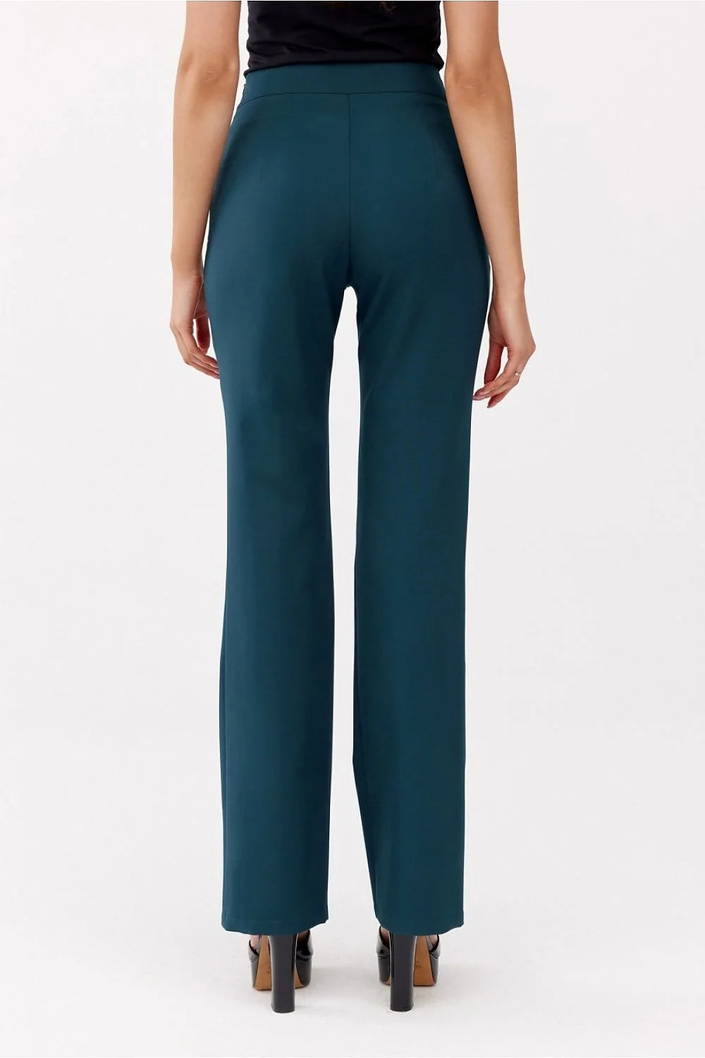 Pantalon droit élégant pour femme en tissu lisse, coupe droite, taille haute, poches latérales, fermeture invisible, couleur bleu canard