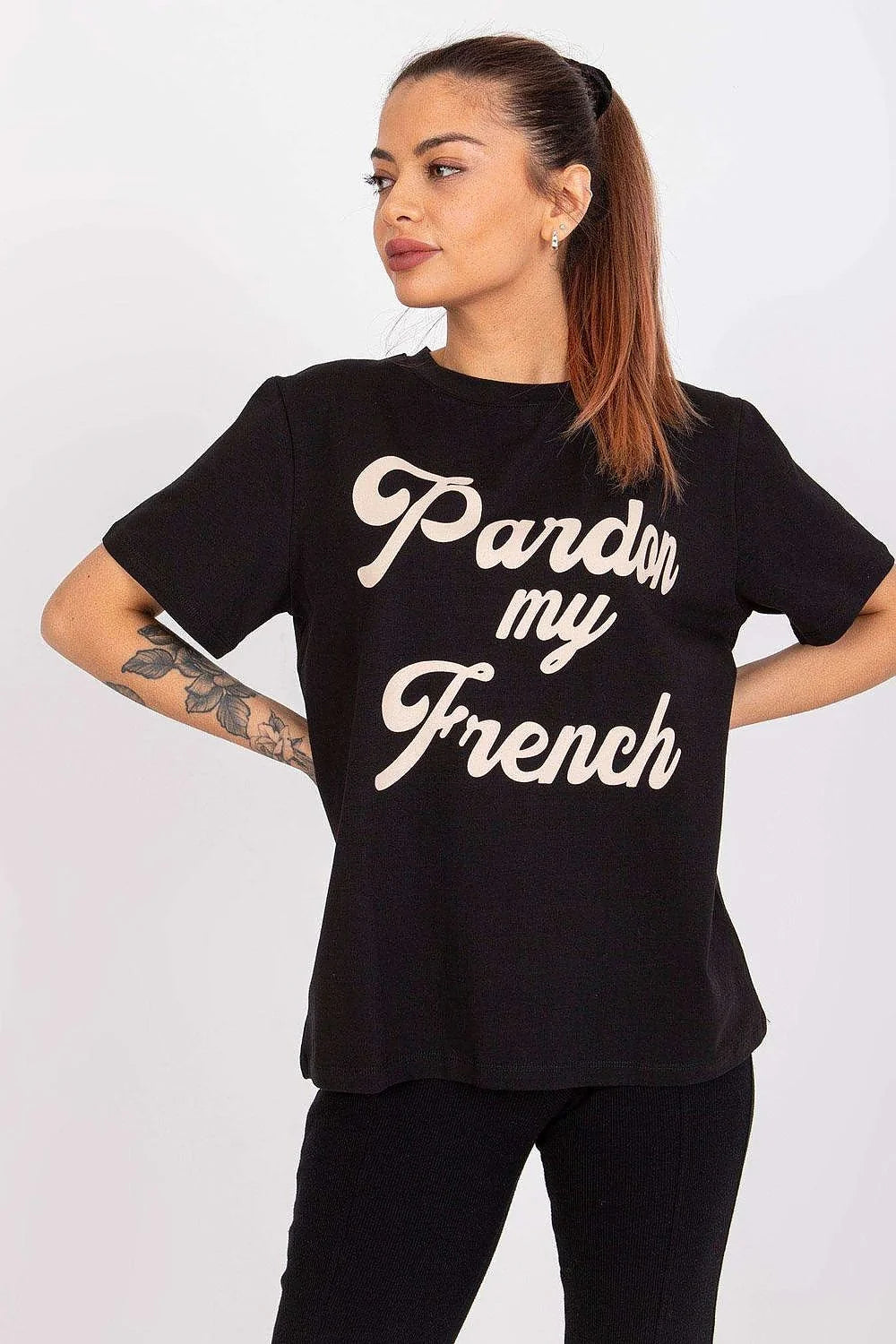 T-shirt Fancy pour femme manches courtes rose pastel texte cursive Pardon my French en coton 95% lycra 5% short denim taille haute femme