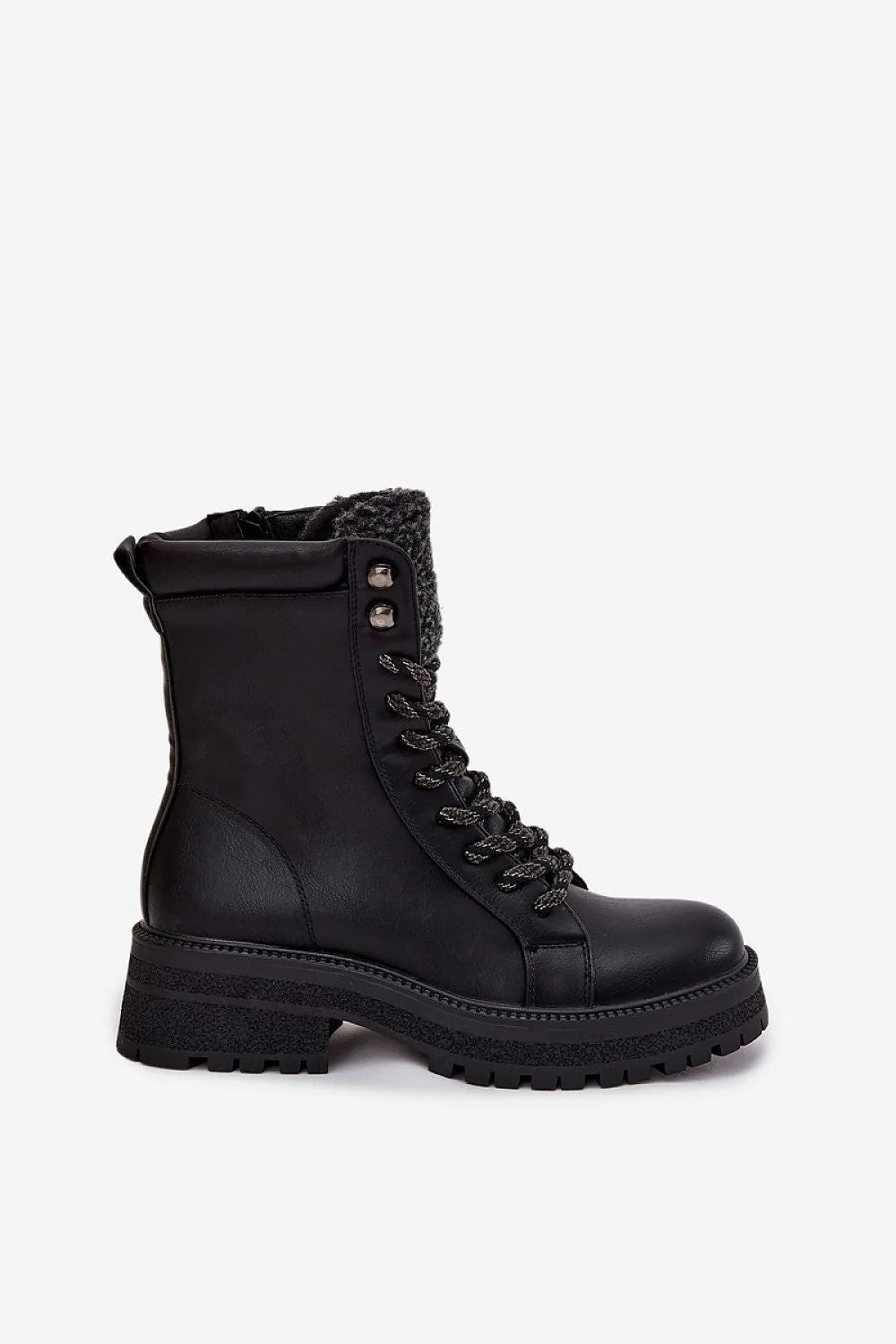 bottes trappeur femme similicuir noir montante bouclette gris lacets ronds zippée œillets métalliques semelle plateforme crantée antidérapante urbaine