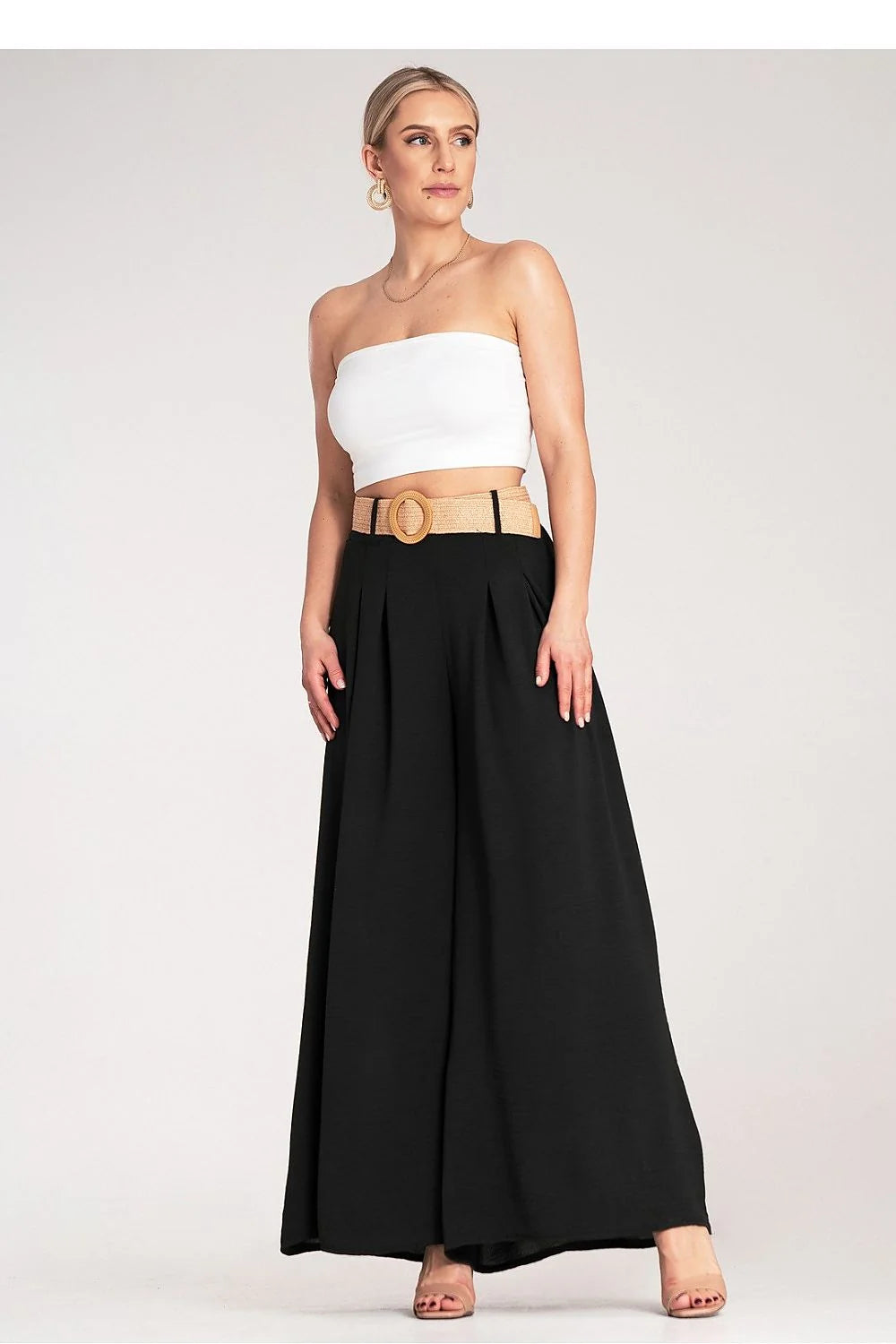 Tenue deux pièces femme bandeau blanc pantalon noir large taille haute ceinture tressée polyester coton élasthanne