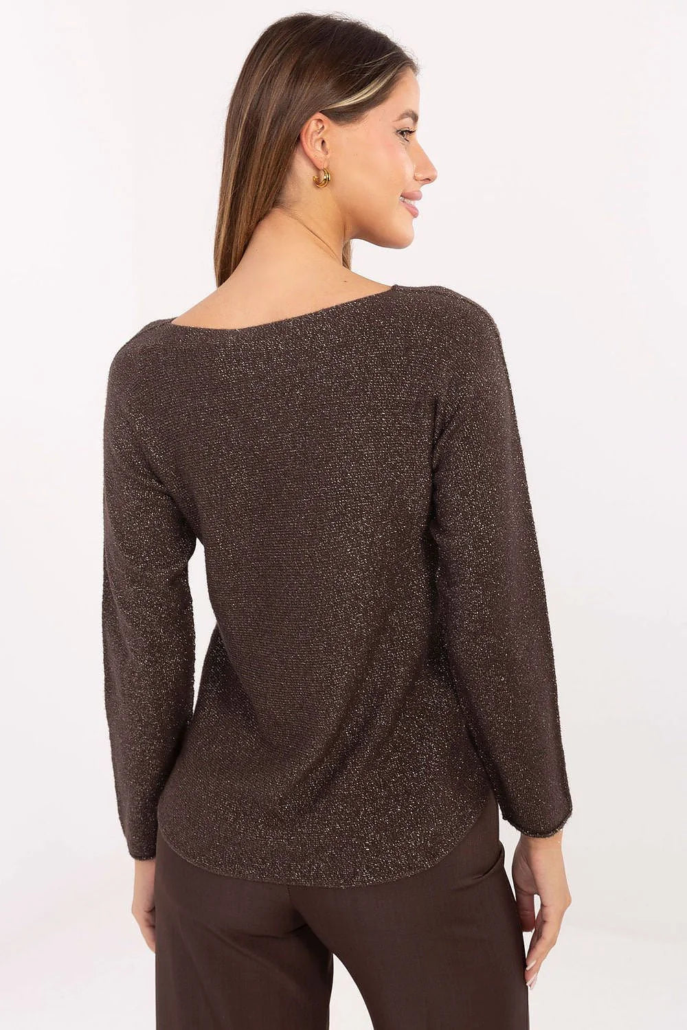pull femme brocart pailleté marron chocolat maille fine manches longues col rond coupe droite légèrement ajustée longueur hanche lurex scintillant