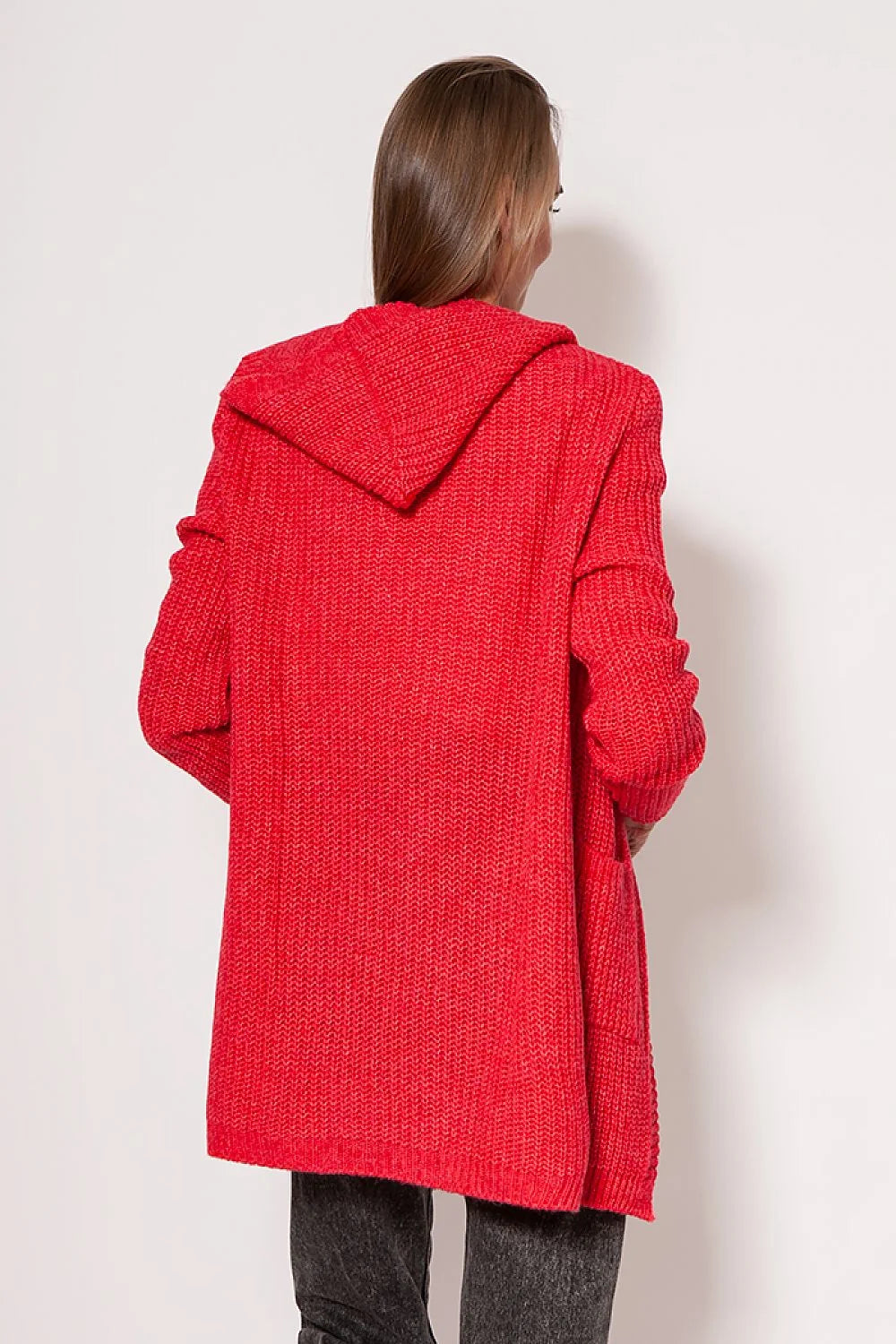 Cardigan long ouvert pour femme en tricot maille rouge vif coupe ample épaules tombantes manches longues poches intégrées matières mixtes acrylique polyester laine