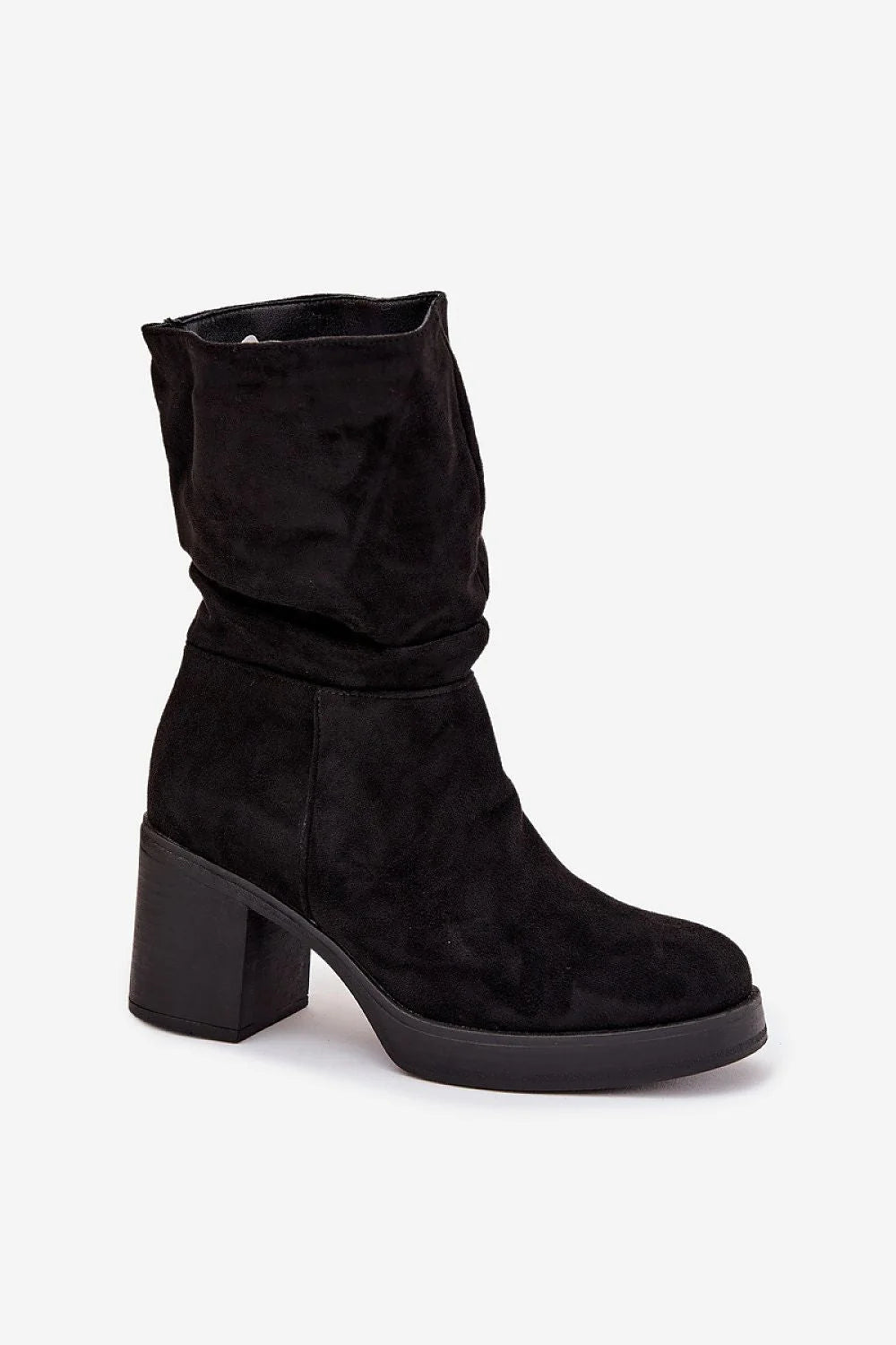 bottines femme suédine écologique noir slouchy mi mollet bout rond talon carré plateforme fermeture éclair latérale doublure mousse chaude polyvalente