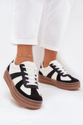 baskets femme sneakers lowtop lacets bicolore noir blanc simili cuir synthétique plateforme épaisse gomme brun semelle intérieure amovible