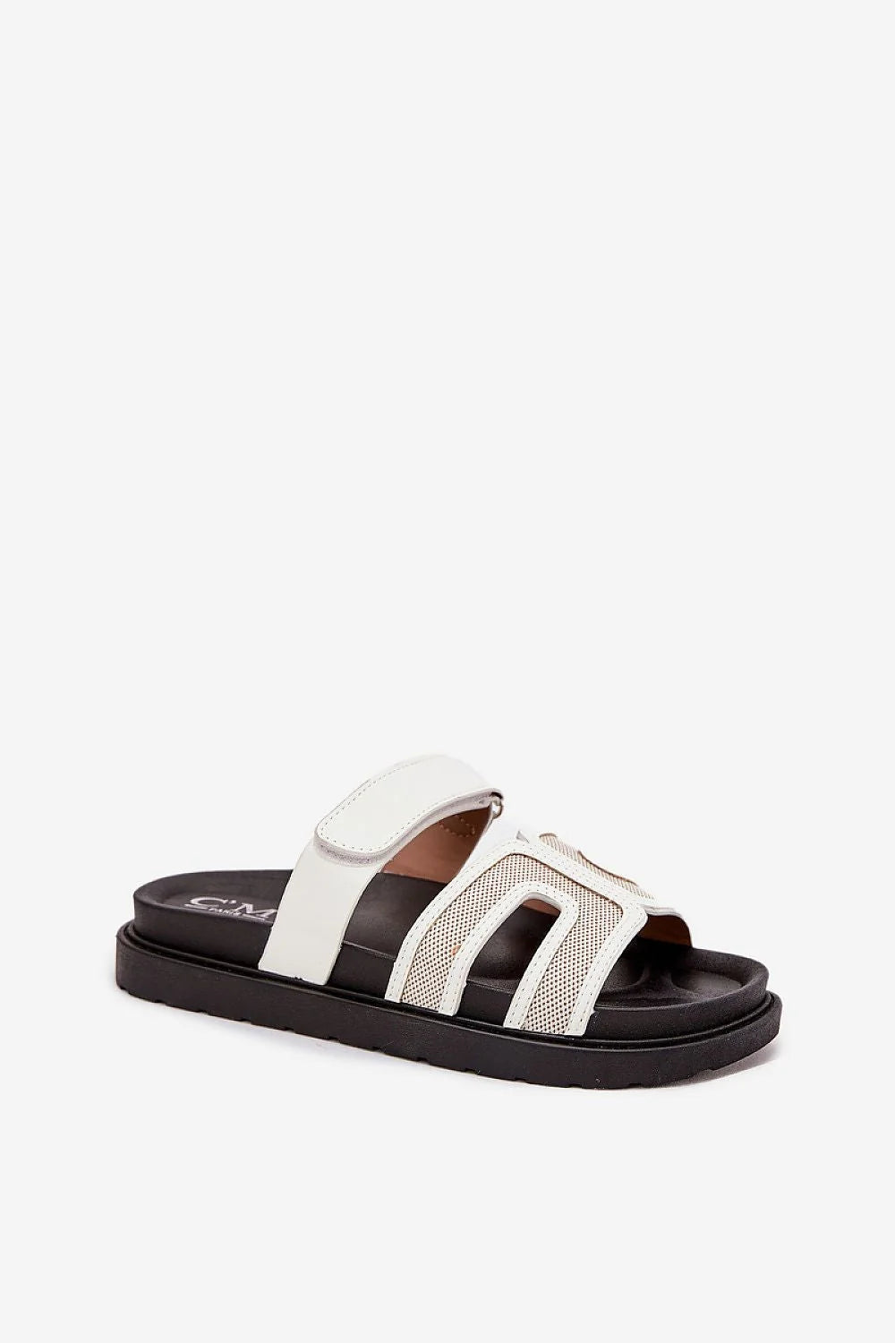 sandales mules plateforme similicuir synthétique blanc semelle noire crantée caoutchouc mesh respirant sangles velcro réglable rembourrée confort moderne sportchic durable