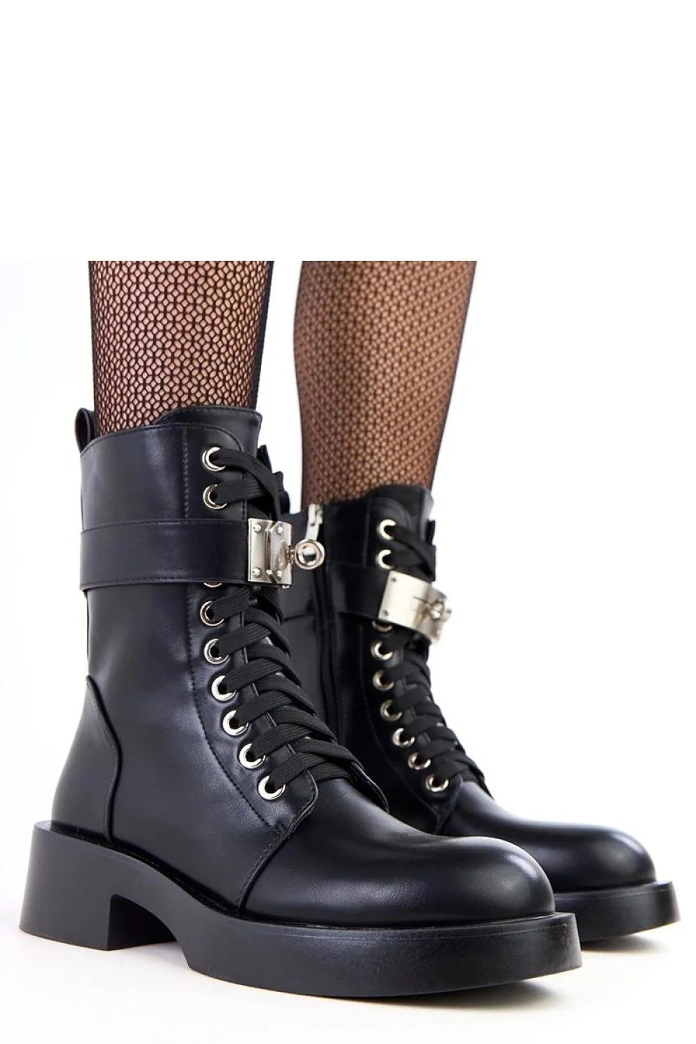 bottines montantes cuir écologique noir bout rond talon bloc 5cm semelle plateforme lacets zip latéral bride cheville cadenas argenté rock
