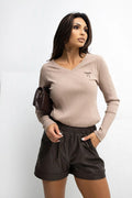 chemisier femme élégant décontracté quotidien casual chic coton extensible élasthanne côtelé maille ajusté manches longues col V broderie nœud poitrine