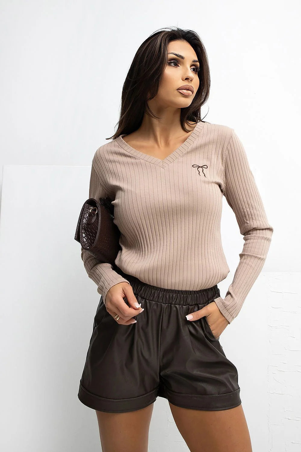 chemisier femme élégant décontracté quotidien casual chic coton extensible élasthanne côtelé maille ajusté manches longues col V broderie nœud poitrine