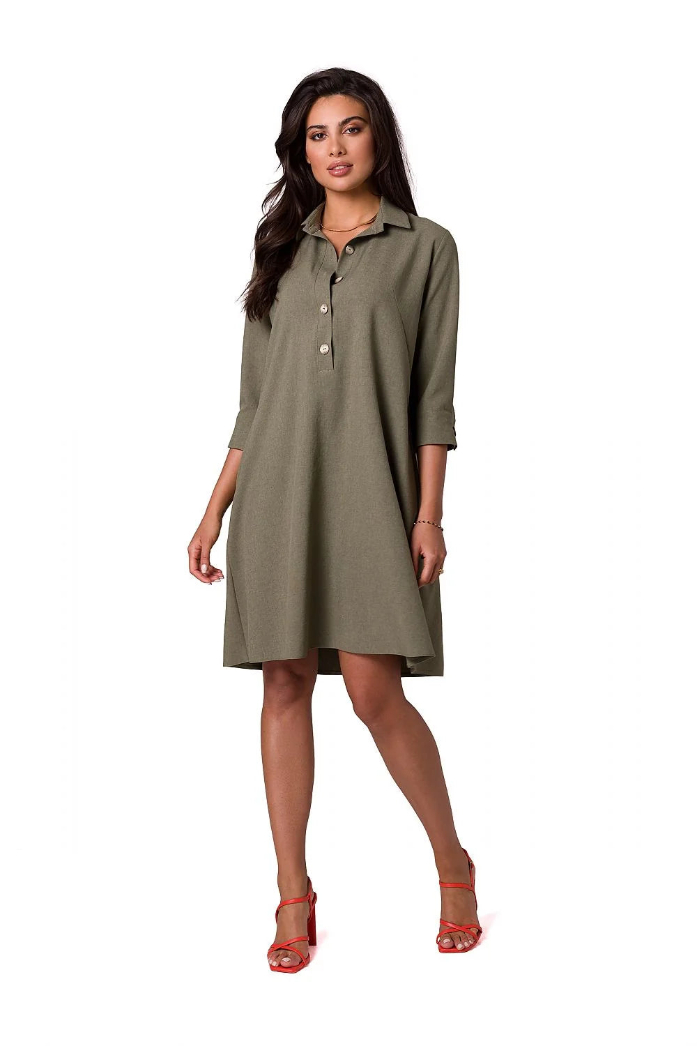 robe chemise BeWear casual chic évasée fluide manches trois quarts rose poudré tissu léger court poches boutonnage col revers intemporelle