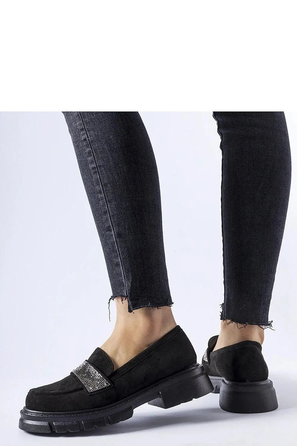 Mocassin pour femme design moderne élégant éco-suède daim noir strass argenté semelle épaisse crantée confortable été