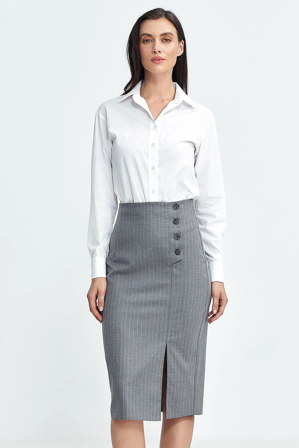 Jupe crayon Nife femme classique élégante gris rayures blanches taille haute genoux courte liberté mouvement
