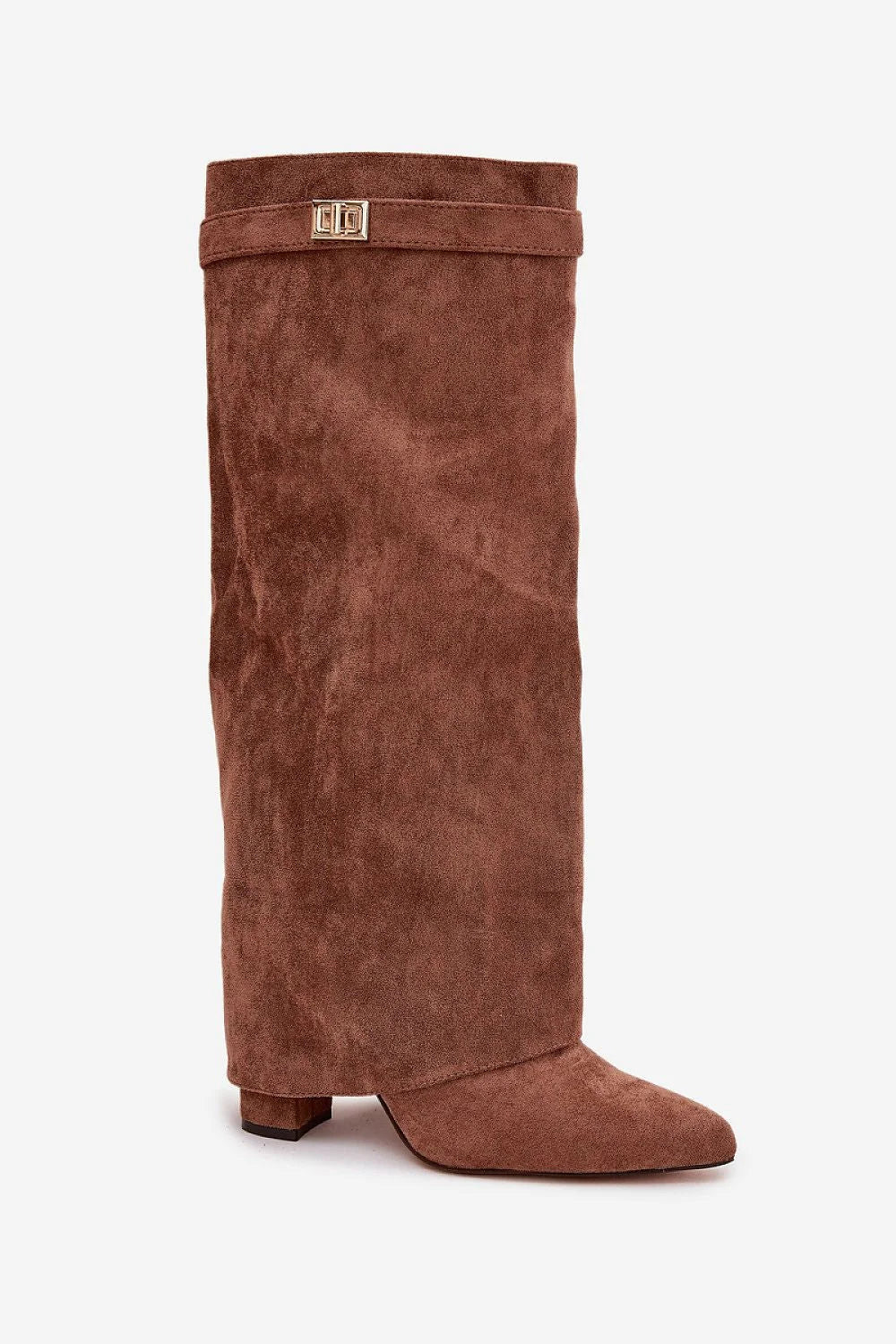 bottes femme suédé écologique cognac mi mollet tige froncée bride décorative boucle dorée bout pointu talon bloc moyen