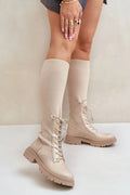 Bottes cuissardes femme similicuir beige moderne élégantes avec lacets revers côtelé semelle épaisse