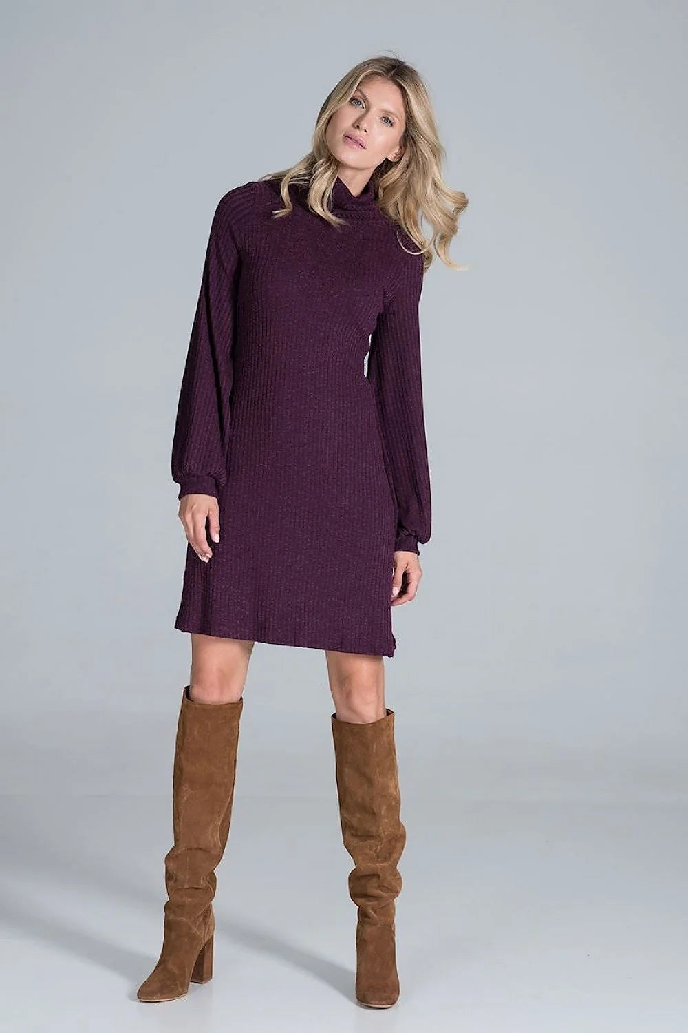 Robe bordeaux en maille côtelée élégante casual manches longues style chic pour femmes modernes