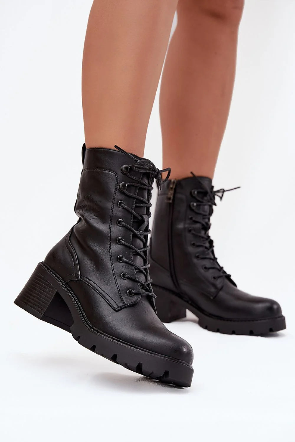 bottines Vinceza femme rangers simili cuir noir tige mi haute lacets zip lateral bout rond semelle crantee talon bloc confort
