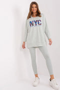 ensemble femme NYC sweatshirt legging gris chiné oversize long ample imprimé multicolore col rond manches longues slim cheville