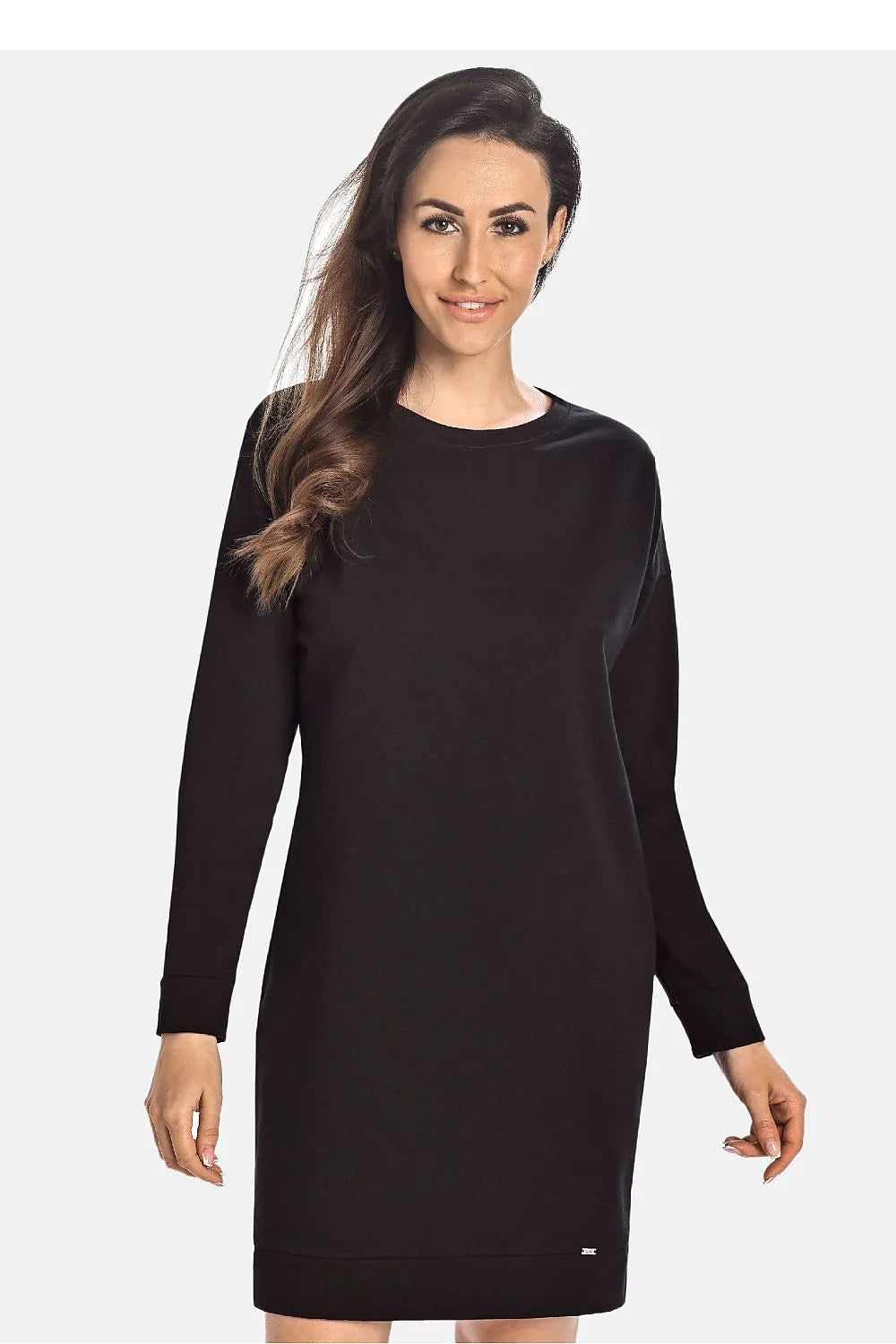 robe sweat noire coton molleton jersey épais col rond manches longues poignets côtelés ourlet côtelé poches latérales coupe droite