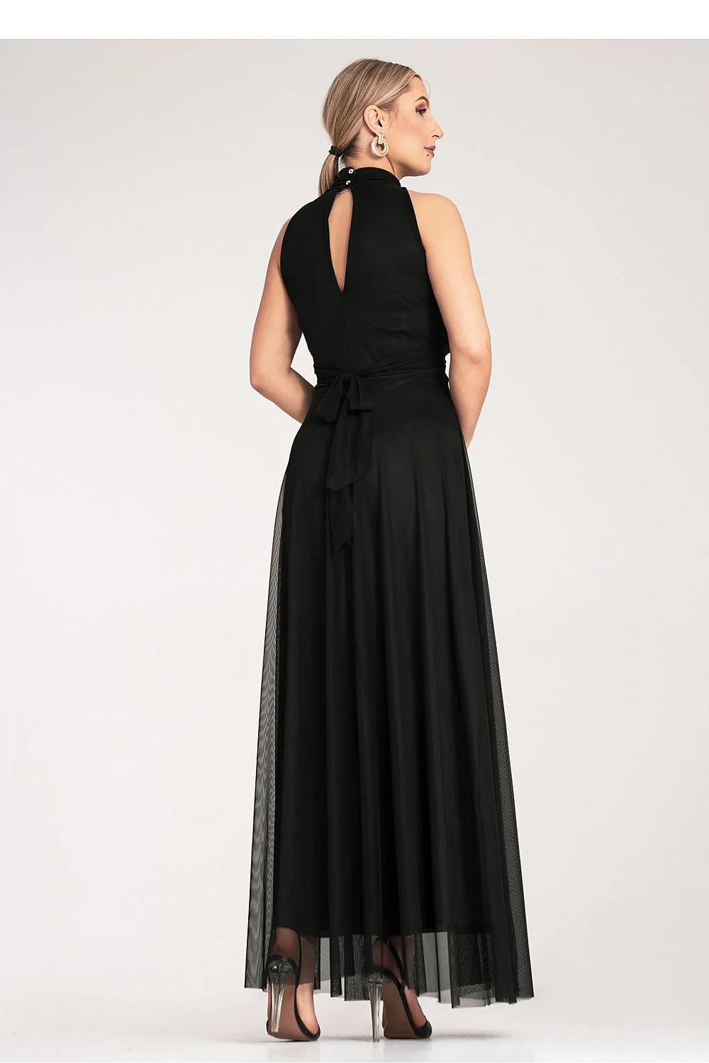 Robe de cocktail élégante noire sans manches col montant taille ajustable femmes occasion formelle