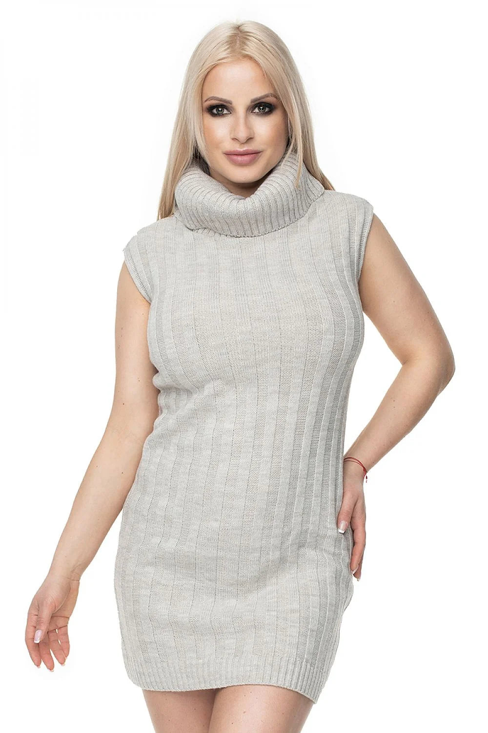 Robe pull sans manches Pee Ka Boo en maille côtelée bleu denim, col roulé, coupe ajustée, femme