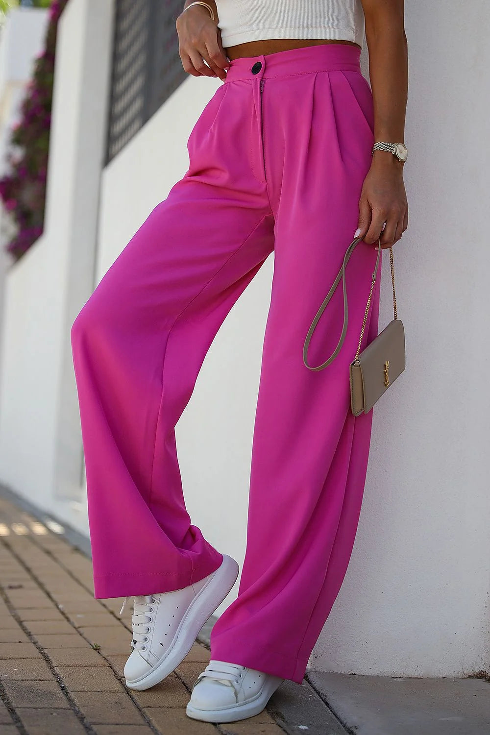 Pantalon femme style palazzo couleur rose vif taille haute coupe fluide confortable occasion多种多様 femme