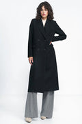 Manteau pour femme long élégant noir coupe cintrée épaules structurées col revers double boutonnage poches rabats polyester spandex viscose