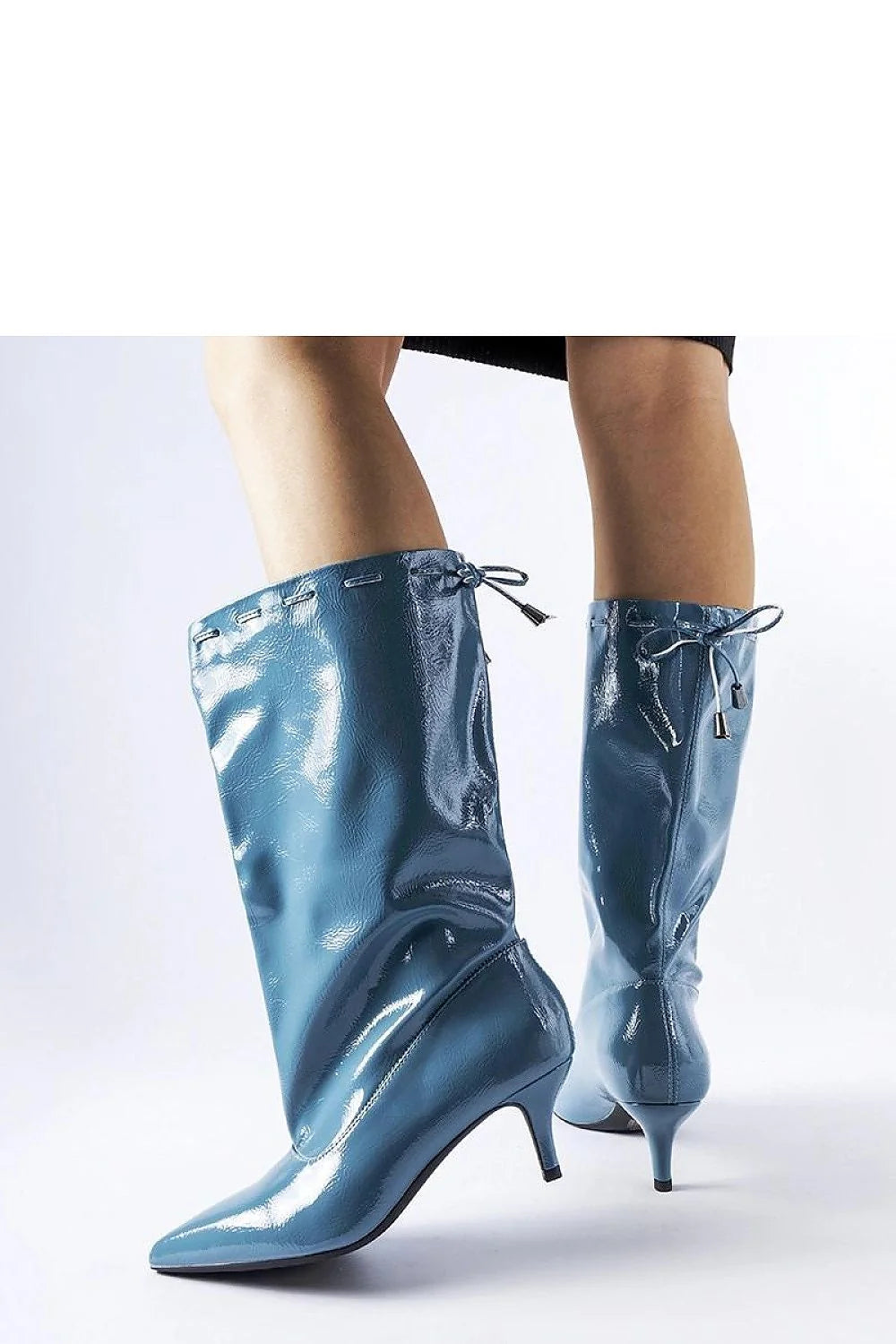 bottes bleu ciel talons bas kitten mi mollet verni similicuir écologique doublure chaude facile enfiler pointu