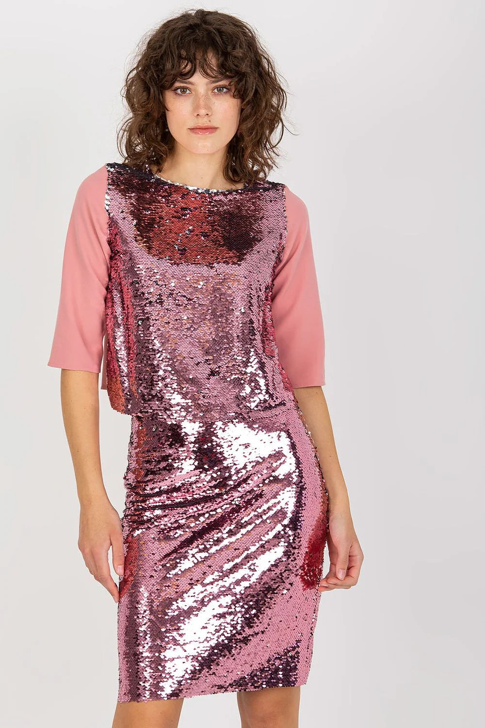 Chemisier Lakerta élégant pour femme en sequins roses tissu uni polyester manches courtes ajusté soirée