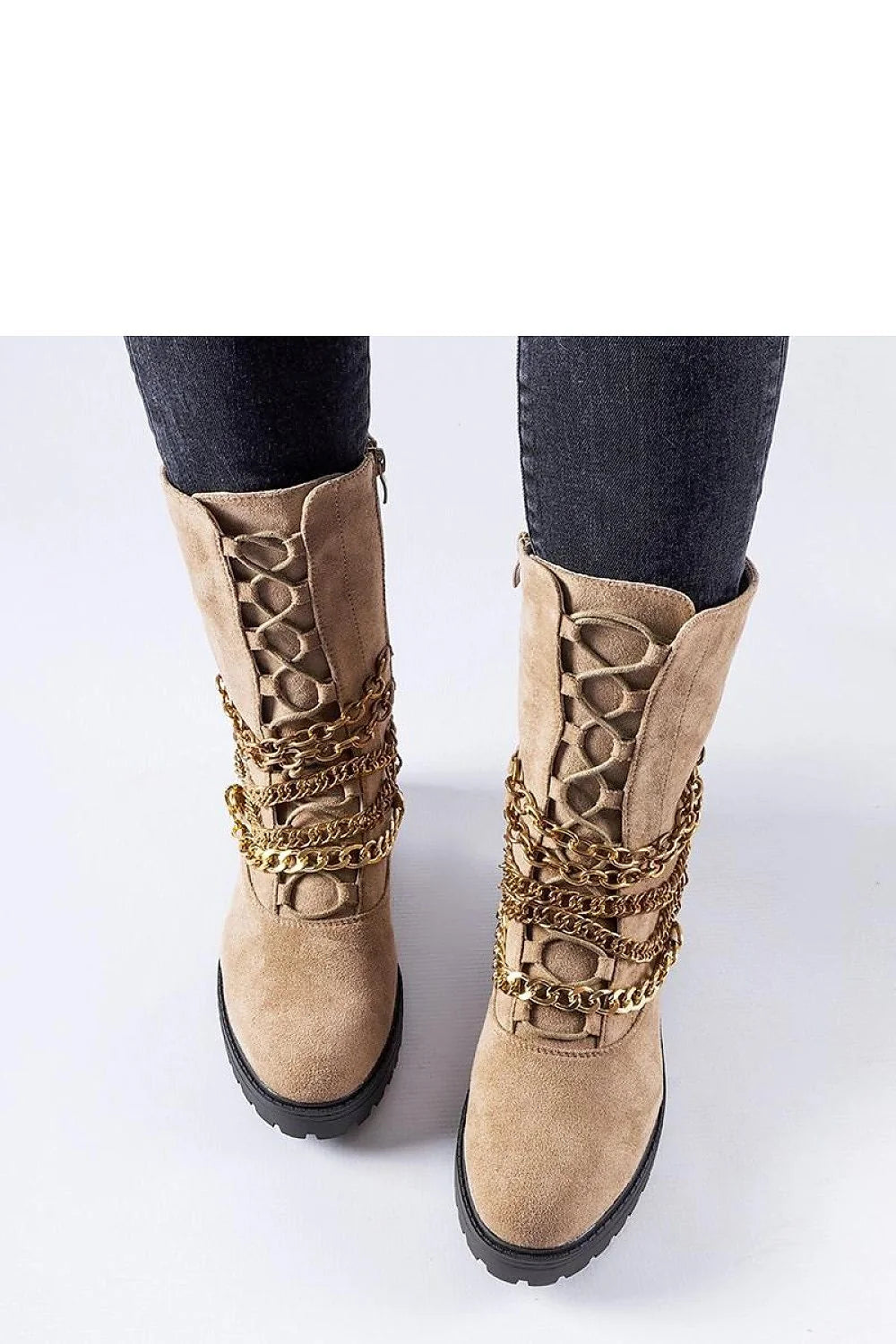 Bottes femmes design chic contemporain cuir synthétique chaînes dorées beige élégant haute qualité confort et sécurité