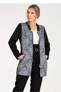 manteau Figl femme mi longue zippée col bomber jacquard gris floral manches noires fermeture éclair dorée poches latérales coupe droite