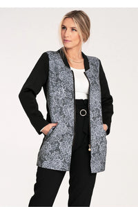 manteau Figl femme mi longue zippée col bomber jacquard gris floral manches noires fermeture éclair dorée poches latérales coupe droite