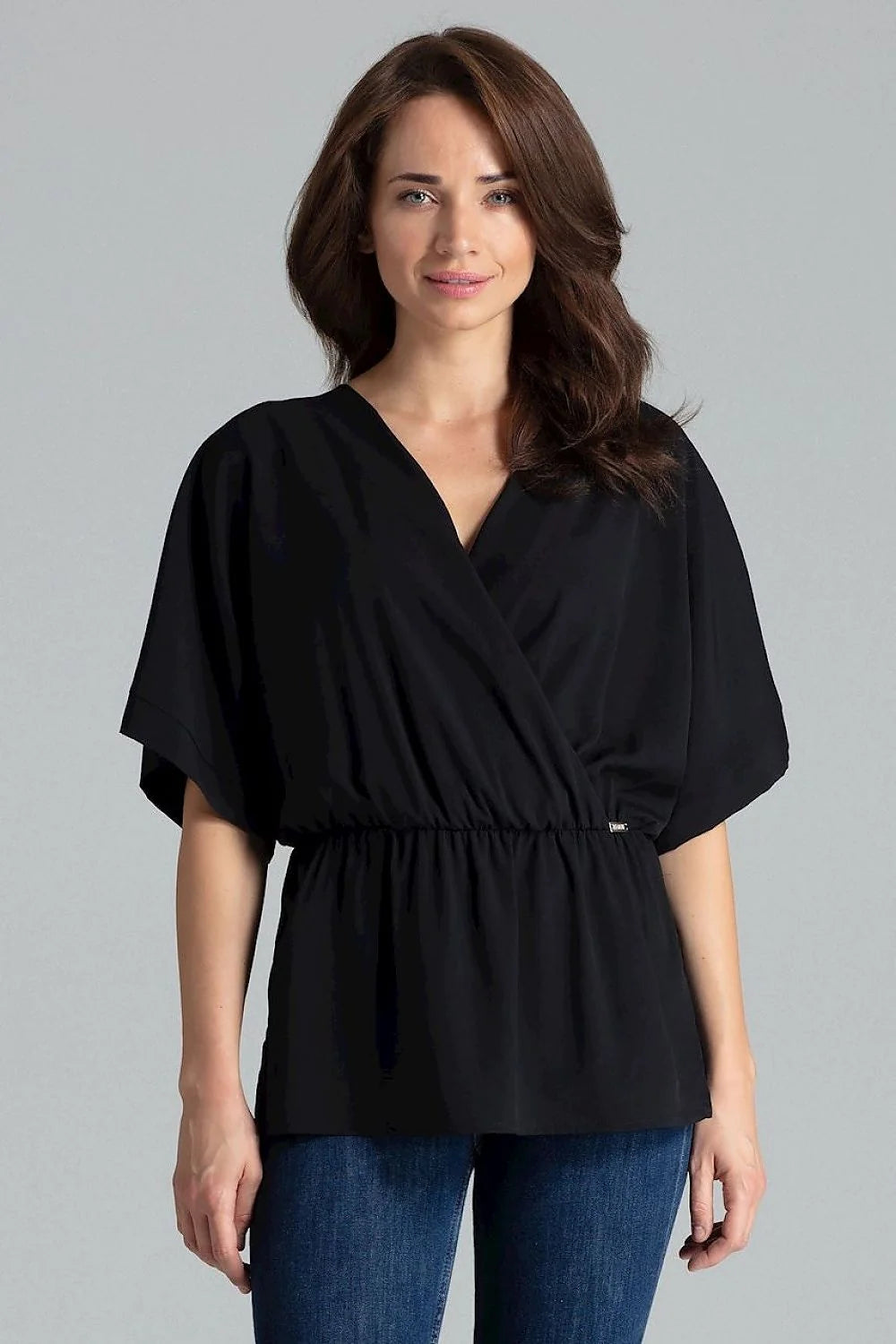 chemisier ample beige Lenitif manches kimono col V cachecoeur élégant tendance femme moderne fluide taille élastique fronces crêpe casualchic blousant