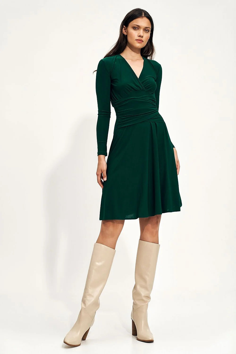 Robe élégante enveloppante longueur midi manches longues couleur sobre femme automne hiver soirée occasion spéciale