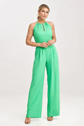 Combinaison pour femmes moderne sans manches jambes larges col haut style élégant polyester vert vif occasion festive taille ajustable