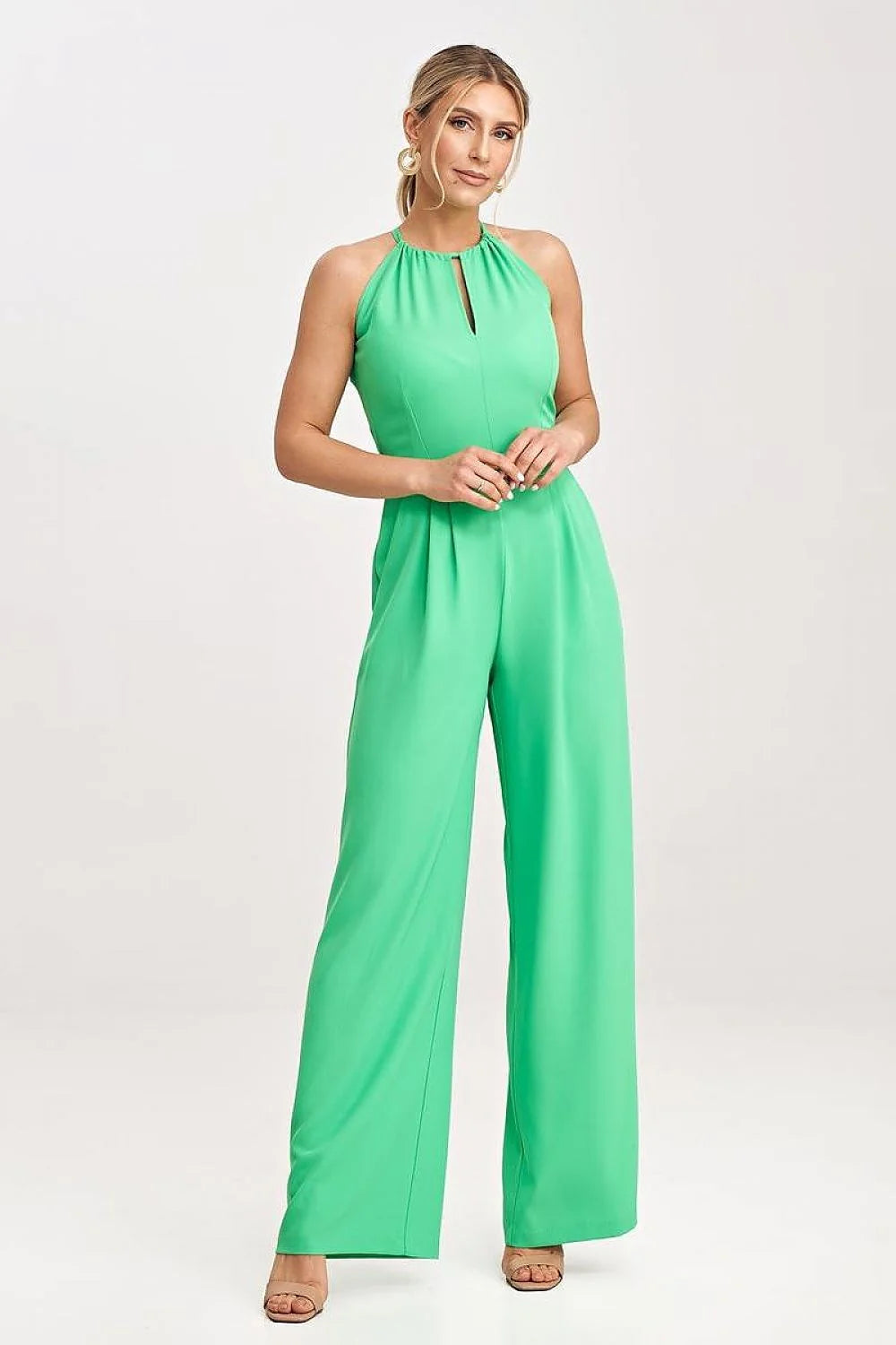 Combinaison pour femmes moderne sans manches jambes larges col haut style élégant polyester vert vif occasion festive taille ajustable