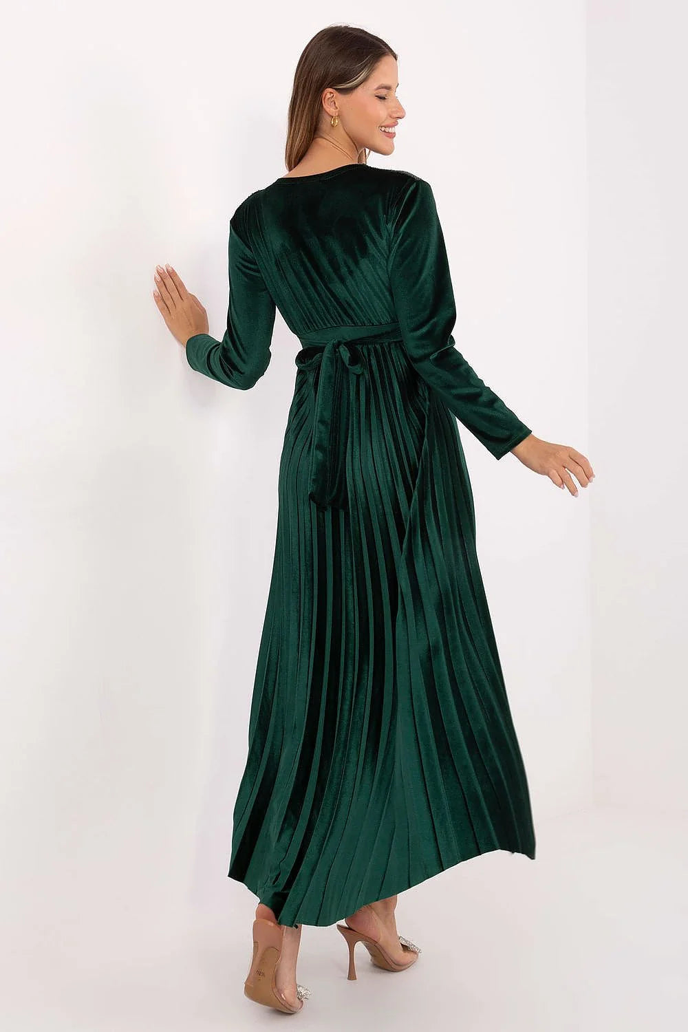 robe longue maxi velours vert émeraude plissée soirée empire encolure V manches longues paillettes corsage bonnets rembourrés laçage dos ruban