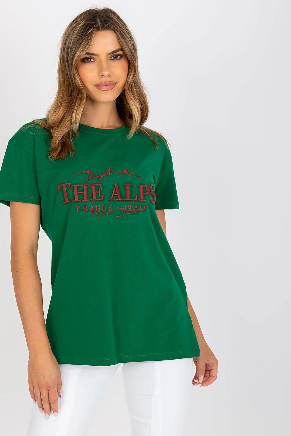 T-shirt Fancy pour femme vert profond imprimé THE ALPS France Italy montagnes graphique manches courtes col rond coton élasthanne