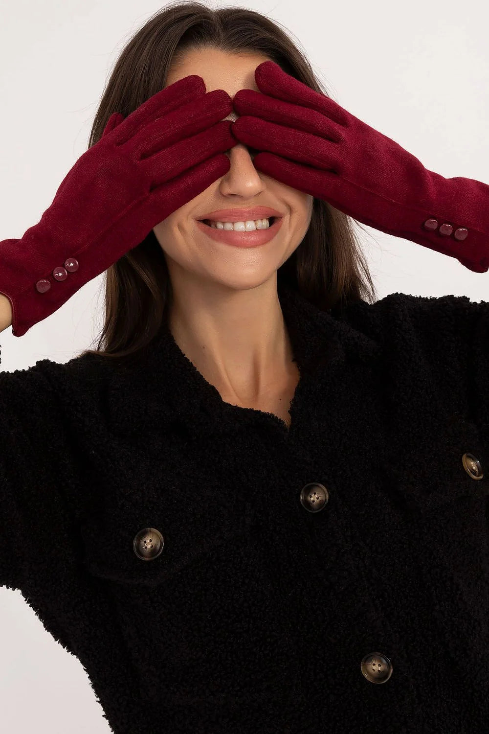 Gants élégants pour femmes, tissu lisse isolé, boutons décoratifs, fleur brodée, coton 60% élasthanne 5% polyester 35%, coupe ajustée, couleur burgundy, hiver automne, accessoire mode