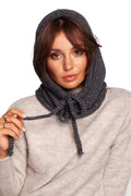 cagoule capuche snood tricoté épais maille moelleuse anthracite enveloppante couvrant tête cou chaude protectrice cosy hiver ajustable cordons tressés laine