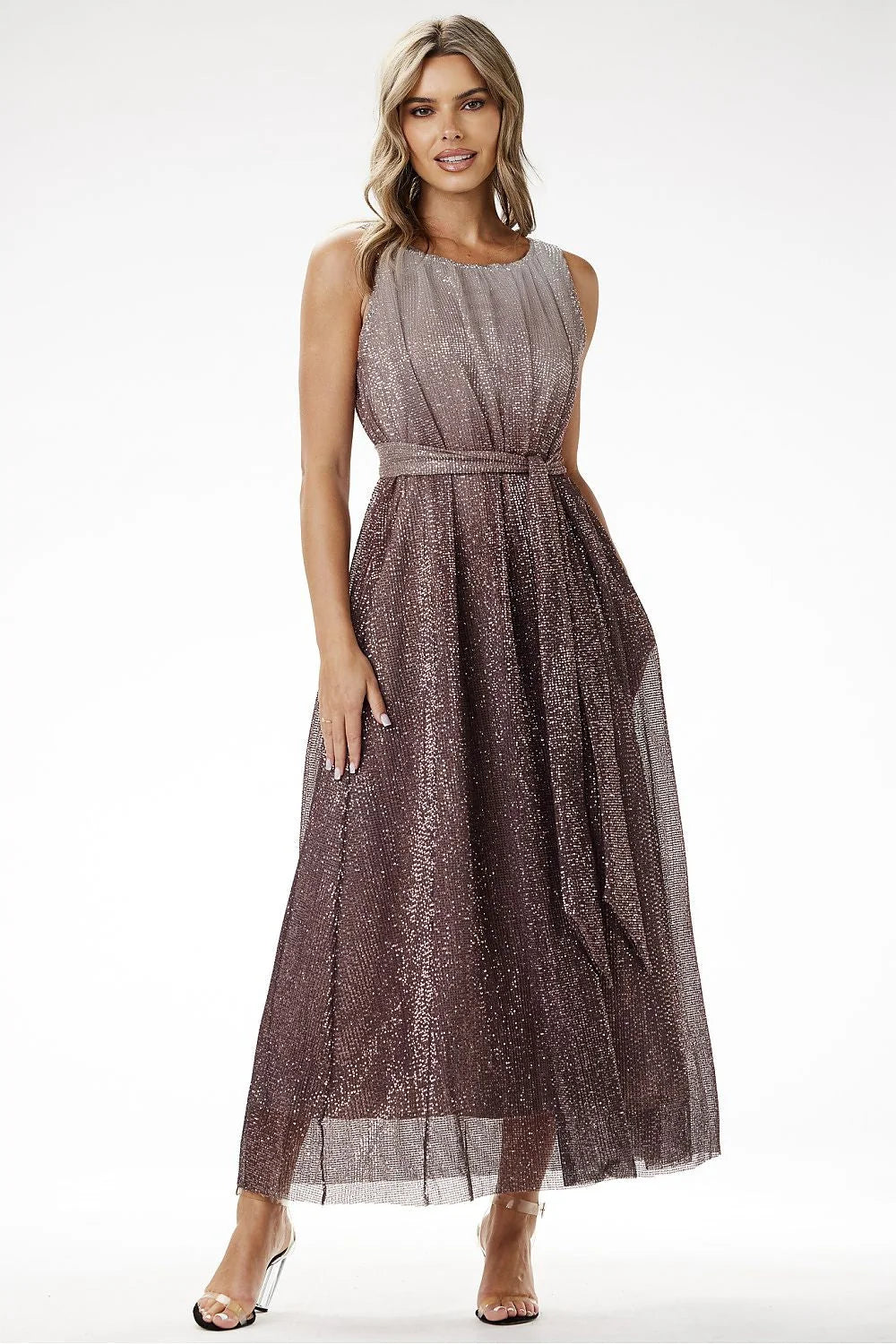 robe longue soirée élégante pailletée ombré vieuxrose tulle encolure bateau taille marquée ceinture intégrée jupe évasée cheville doublure opaque