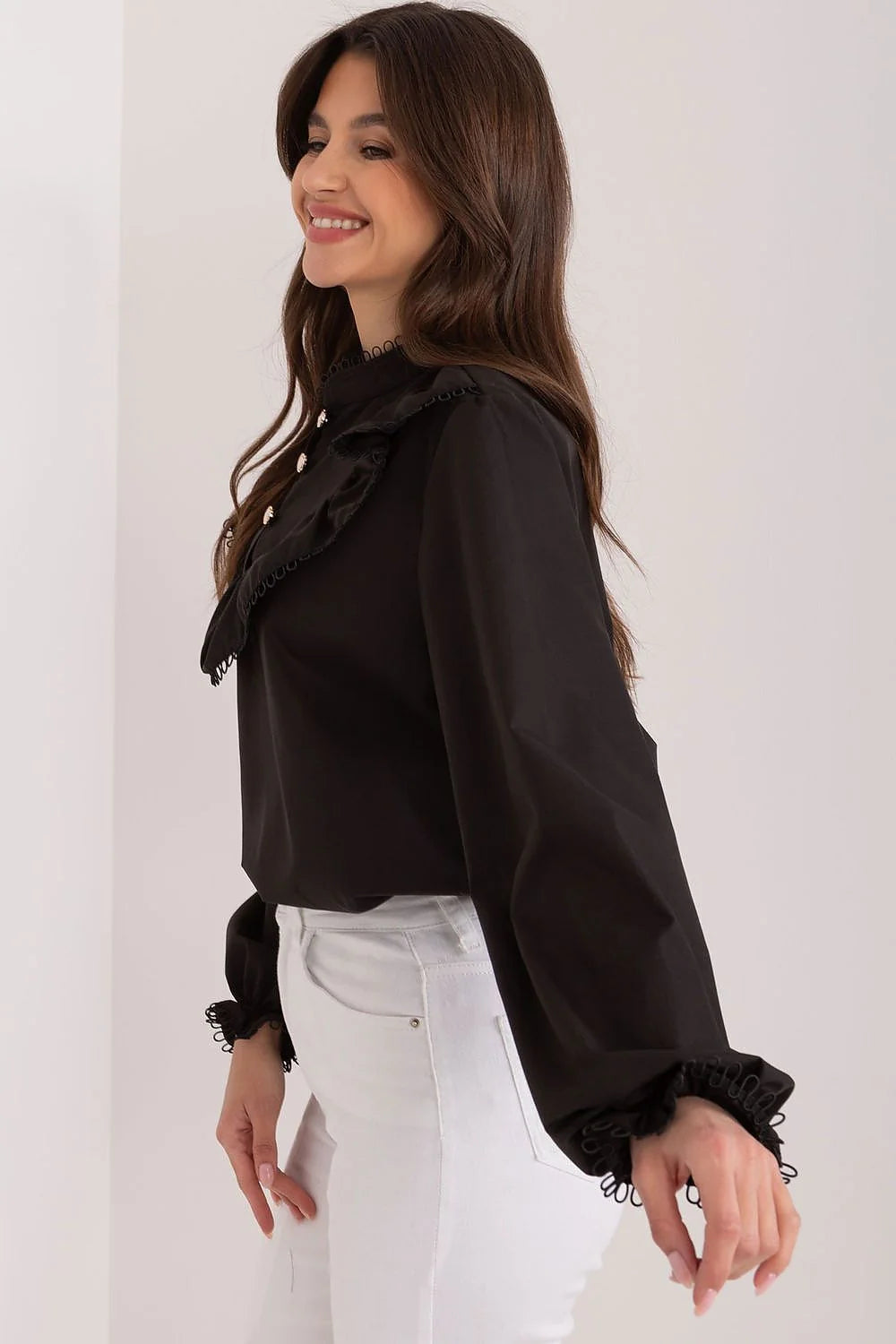 Chemisier féminin élégant noir style romantique vintage volants manches longues coton polyester femme occasion élégante