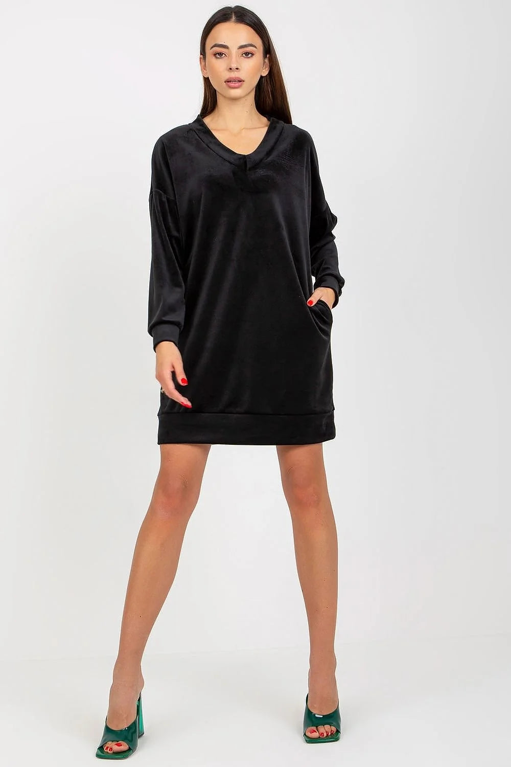 Robe de jour Rue Paris velours court manches longues encolure en V noir femme polyvalence