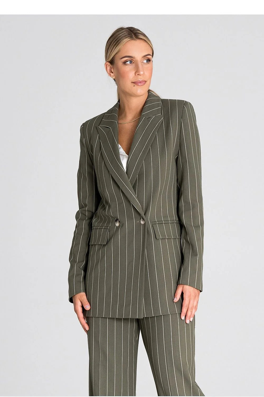 Veste blazer à manches longues double boutonnage style professionnel vert olive rayures blanches femme taille ajustable