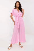 Combinaison féminine élégante en rose pâle décolleté V croisé manches courtes ceinture ajustable polyester élasthanne femmes occasionnels formels